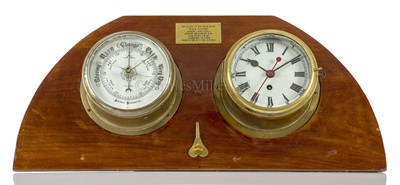 Lot 214 - A BULKHEAD CLOCK AND BAROMETER SET FROM H.M.S. EXETER