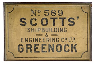 Lot 213 - AN HISTORICALLY INTERESTING ENGINE PLATE FOR H.M.SUBMARINE TROOPER BUILT BY SCOTTS' OF GREENOCK, 1942