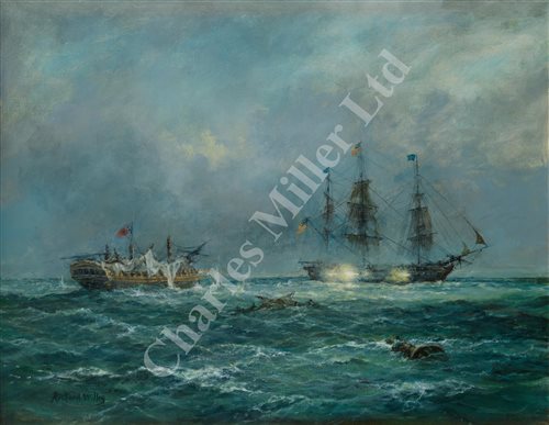 Lot 52 - δ RICHARD WILLIS (BRITISH, B. 1924) - A naval engagement between H.M.S. 'Guerriere' and U.S.S. 'Constitution’ off the coast of Nova Scotia, 19th August 1812