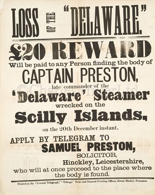 Lot 68 - A COLLECTION OF EPHEMERA PERTAINING TO THE LOSS OF THE S.S. DELAWARE OFF THE SCILLY ISLES, 1871