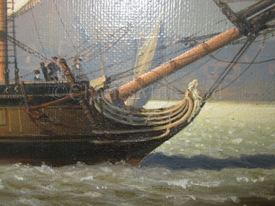 Lot 48 - LEONARD JOHN PEARCE (BRITSH, CIRCA 1985) The training ship 'Marine Society’ (ex-'Beatty') heaving-to in the Thames in circa 1786