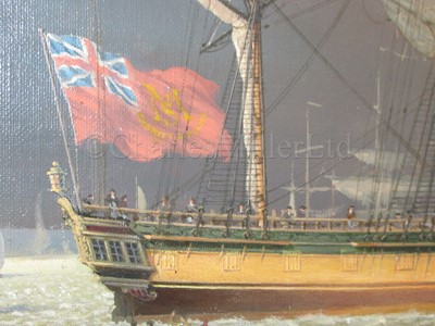 Lot 48 - LEONARD JOHN PEARCE (BRITSH, CIRCA 1985) The training ship 'Marine Society’ (ex-'Beatty') heaving-to in the Thames in circa 1786