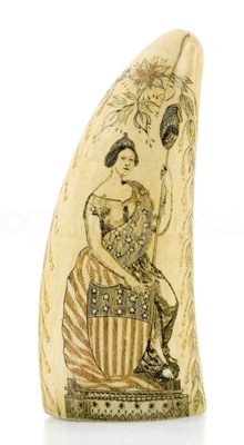 Lot 36 - A FINE AMERICAN SAILORWORK SCRIMSHAW DECORATED WHALE'S TOOTH, CIRCA 1840