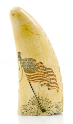Lot 112 - Ø A FINE AMERICAN SAILORWORK SCRIMSHAW DECORATED WHALE'S TOOTH, CIRCA 1840