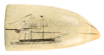 Lot 116 - Ø A 19TH CENTURY SAILORWORK SCRIMSHAW DECORATED WHALE'S TOOTH