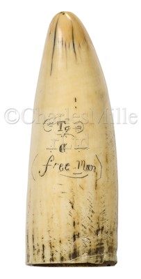 Lot 91 - Ø A SCRIMSHAW DECORATED WHALE'S TOOTH THOUGHT TO HAVE BEEN PRESENTED TO A FREED SLAVE, CIRCA 1850