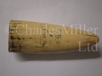 Lot 91 - Ø A SCRIMSHAW DECORATED WHALE'S TOOTH THOUGHT TO HAVE BEEN PRESENTED TO A FREED SLAVE, CIRCA 1850