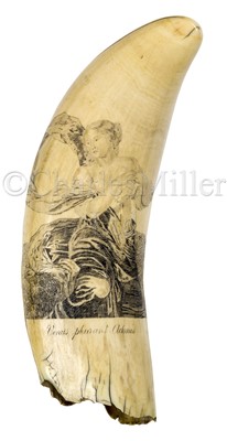 Lot 113 - Ø A 19TH CENTURY SAILORWORK SCRIMSHAW DECORATED WHALE'S TOOTH