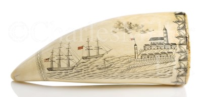 Lot 111 - Ø AN EXCEPTIONALLY FINE SCRIMSHAW DECORATED WHALE’S TOOTH BY THE BANKNOTE ENGRAVER, CIRCA 1835