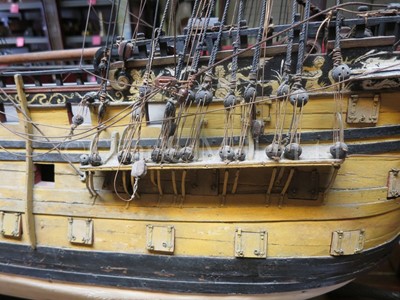 Lot 170 - A 1:48 SCALE ADMIRALTY BOARD STYLE MODEL OF THE 100 GUN FIRST-RATE SHIP OF THE LINE ROYAL WILLIAM AS REBUILT TO THE 1719 ESTABLISHMENT, THOUGHT TO BE 19TH CENTURY