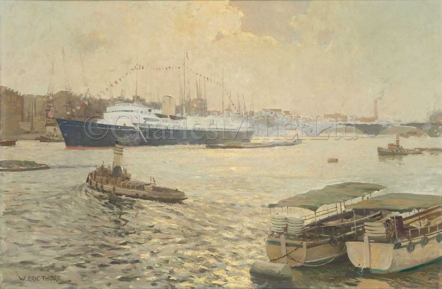 Lot 321 - WILLIAM ERIC THORP (BRITISH, 1901-1993) : Royal Yacht ‘Britannia’ anchored off Waterloo Bridge, London, 1960