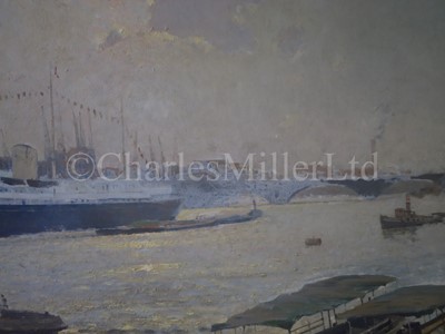 Lot 321 - WILLIAM ERIC THORP (BRITISH, 1901-1993) : Royal Yacht ‘Britannia’ anchored off Waterloo Bridge, London, 1960