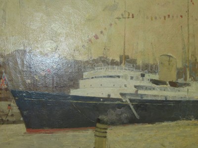 Lot 321 - WILLIAM ERIC THORP (BRITISH, 1901-1993) : Royal Yacht ‘Britannia’ anchored off Waterloo Bridge, London, 1960