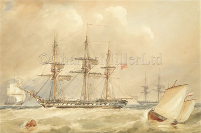 Lot 209 - FOLLOWER OF SIR OSWALD WALTERS BRIERLY (BRITISH, 19TH CENTURY) : H.M.S. ‘Imperieuse’ 50 guns at anchor in the Downs with crew furling her sails