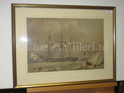 Lot 240 - FOLLOWER OF SIR OSWALD WALTERS BRIERLY (BRITISH, 19TH CENTURY) : H.M.S. ‘Imperieuse’ 50 guns at anchor in the Downes with crew furling her sails
