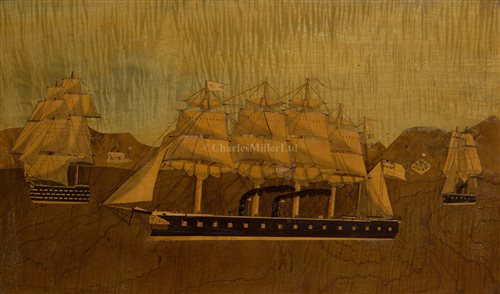 Lot 99 - A MARQUETRY PICTURE OF H.M.S. MINOTAUR, CIRCA...