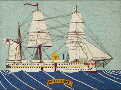 Lot 255 - A SAILOR’S WOOLWORK PICTURE OF THE H.M.S. CALLIOPE, CIRCA 1880