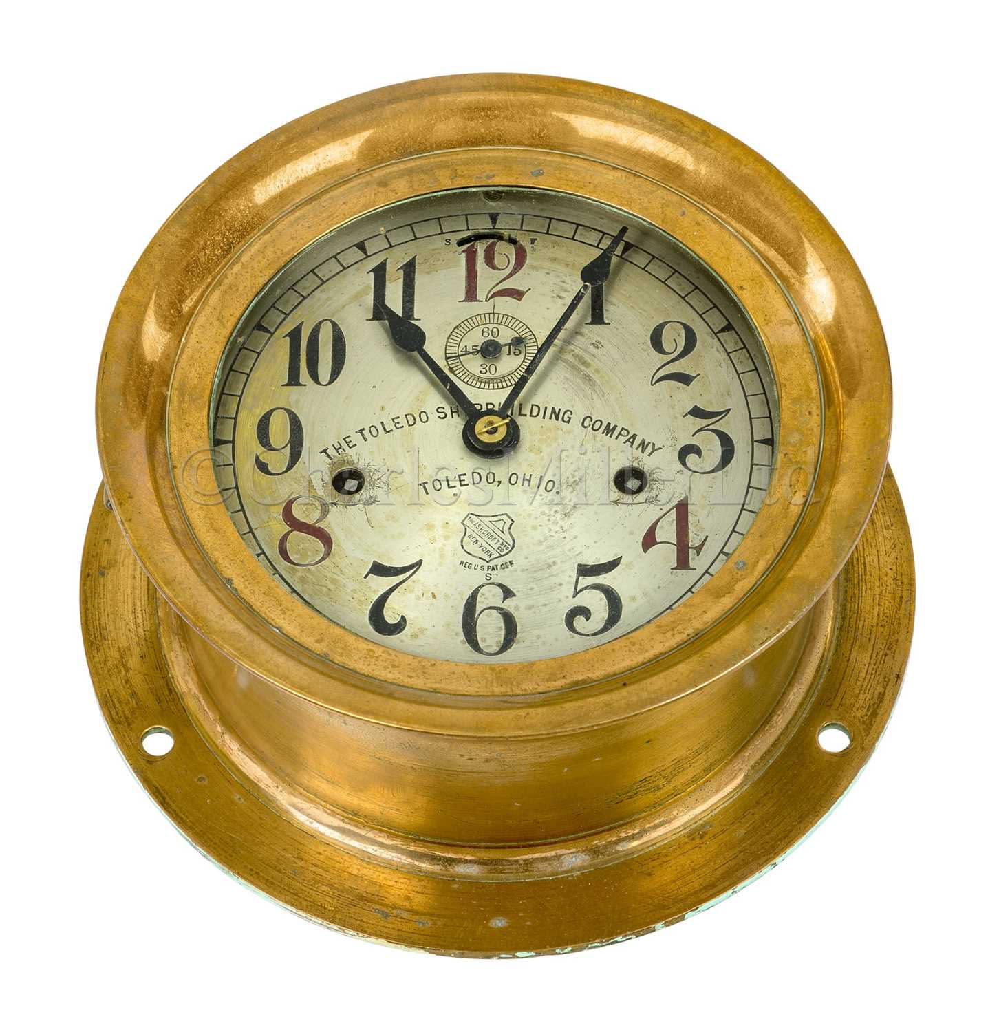 Lot 165 - AN AMERICAN BULKHEAD SHIP’S CLOCK FOR THE TOLEDO SHIPBUILDING COMPANY CIRCA 1900