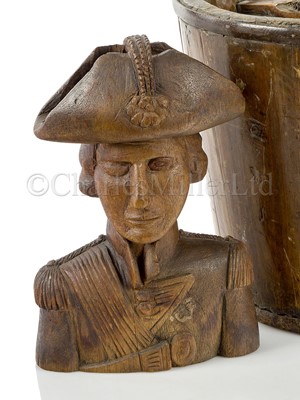Lot 216 - AN EARLY 19TH CENTURY, ENGLISH SAILORWORK, CARVED OAK BUST OF ADMIRAL LORD NELSON