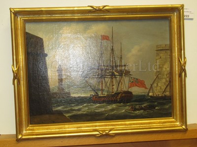 Lot 222 - MANNER OF THOMAS LUNY (ENGLISH, LATE 18TH CENTURY) A ‘74’ making sail out of the harbour at Naples with a vice-admiral of the Red aboard