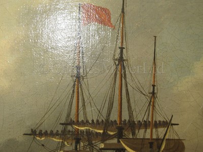 Lot 222 - MANNER OF THOMAS LUNY (ENGLISH, LATE 18TH CENTURY) A ‘74’ making sail out of the harbour at Naples with a vice-admiral of the Red aboard