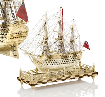 Lot 225 - AN ATTRACTIVE EARLY 19TH CENTURY FRENCH, NAPOLEONIC PRISONER OF WAR, BONE SHIP MODEL FOR A FIRST-RATE SHIP OF THE LINE