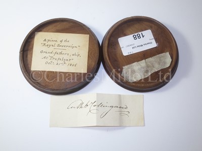 Lot 188 - AN EARLY 19TH CENTURY CIRCULAR TREEN SNUFF BOX MADE OF TIMBER TAKEN FROM ROYAL SOVEREIGN