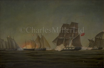 Lot 236 - SCHOOL OF THOMAS BUTTERSWORTH (BRITISH, 1768-1842) : An Anglo-French action involving brigs and armed lugger
