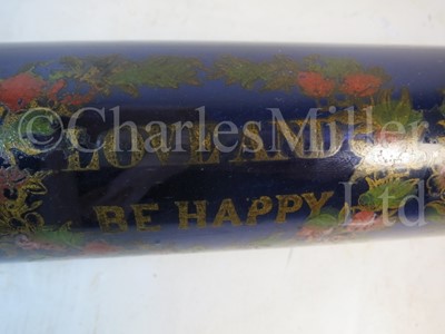 Lot 61 - AN OVERSIZED BRISTOL BLUE TRANSFER-PRINT ROLLING PIN OR NAILSEA SALT, CIRCA 1860 and two others