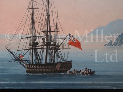 Lot 159 - NEAPOLITAN SCHOOL, 19TH CENTURY A British war ship and other shipping off Stromboli