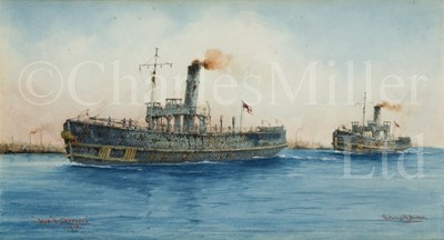 Lot 293 - GERALD M. BURN (BRITISH, B. 1939) H.M Ships 'Iris' and 'Daffodil' returning from the Zeebrugge Raid, April 1918