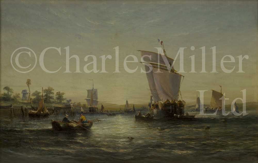 Lot 6 - WILLIAM CALCOTT KNELL (BRITISH, 1830-1880) Estuary scene at sunset