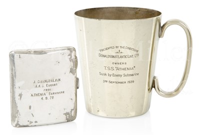 Lot 310 - A PRESENTATION CIGARETTE CASE AND TANKARD TO A SAILOR FROM H.M.S. ESCORT FOR THE RESCUE OF SURVIVORS OF T.S.S. ATHENIA, TORPEDOED 3RD SEPTEMBER, 1939