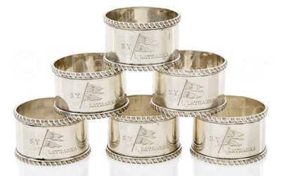 Lot 93 - A SET OF SIX VICTORIAN SILVER NAPKIN RINGS FROM THE STEAM YACHT LATHARNA