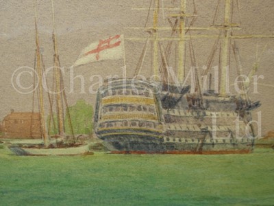 Lot 187 - IRWIN JOHN DAVID BEVAN (BRITISH, 1852-1940) : H.M.S. 'Victory' serving as port ship at Portsmouth, circa 1920