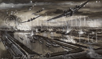 Lot 331 - ROLAND DAVIES (BRITISH, 1904-1993): Allied air raid on Hamburg, 1940