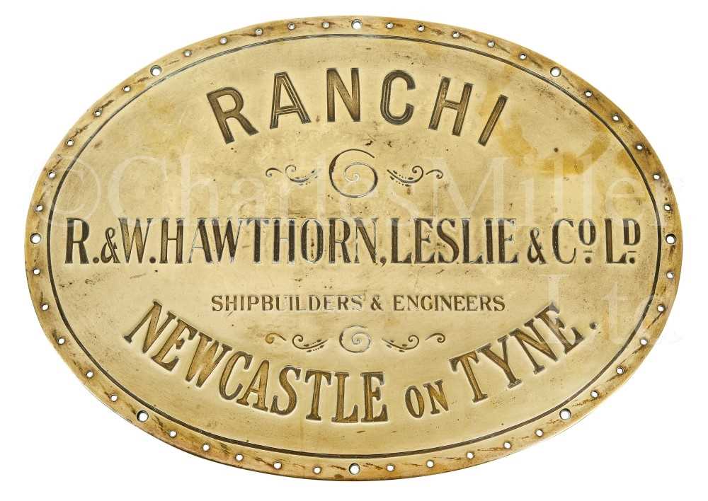 Lot 124 - THE ENGINE ROOM PLATE FROM THE REFRIGERATED P&O PASSENGER-CARGO SHIP S.S. RANCHI, 1925