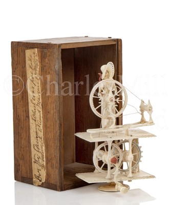 Lot 172 - AN EARLY 19TH CENTURY NAPOLEONIC FRENCH PRISONER OF WAR BONE SPINNING JENNY AND WOODEN BOX