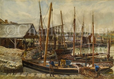 Lot 15 - THOMAS MARIE MADAWASKA HEMY (BRITISH, 1852-1937) : Fishing boats, Peel Harbour, Isle of Man