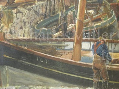Lot 15 - THOMAS MARIE MADAWASKA HEMY (BRITISH, 1852-1937) : Fishing boats, Peel Harbour, Isle of Man