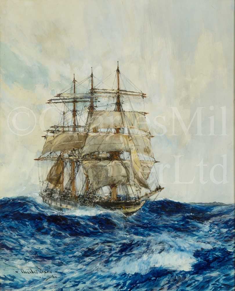 Lot 23 - CHARLES EDWARD DIXON (BRITISH, 1872–1934) : A windbagger in rough seas