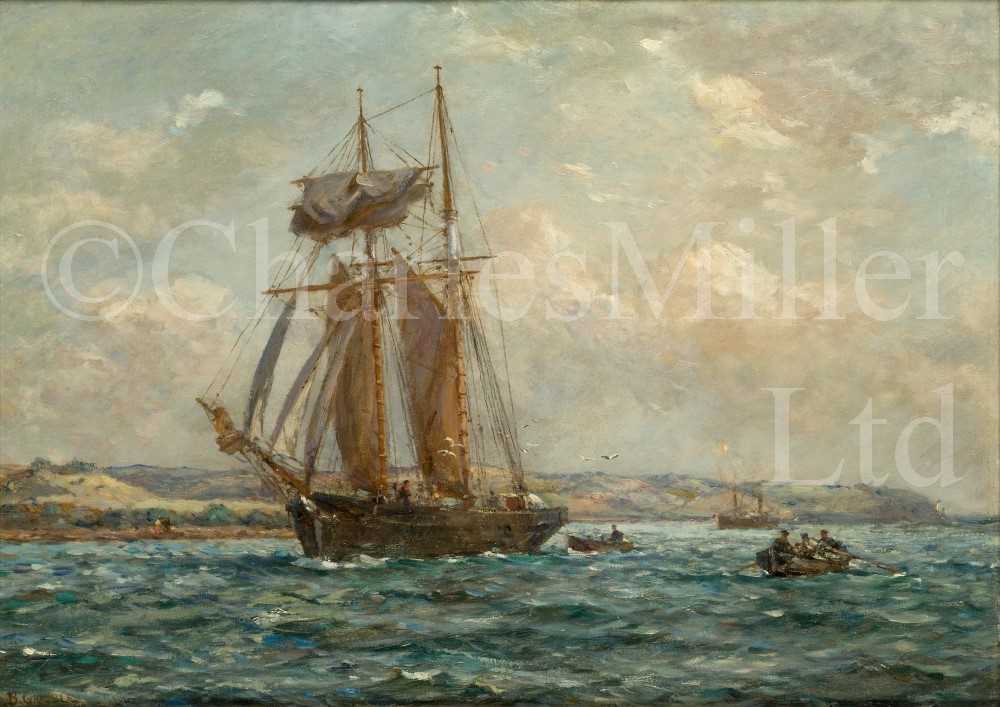 Lot 21 - BERNARD FINNEGAN GRIBBLE (BRITISH, 1873-1962) : A topsail schooner in the Carrick Roads, Cornwall