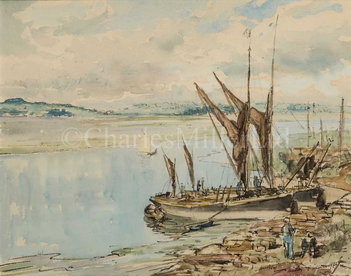 Lot 3 - JAMES MCBEY (BRITISH, 1883-1959) : Thames barges at Mistley, Essex / LESLIE ARTHUR WILCOX (BRITISH, 1904-1982) : A yachting emergency and six othersA yachting emergency