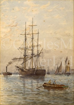 Lot 18 - ATTRIBUTED TO GEORGE STANFIELD WALTERS (BRITISH, 1838-1924) : A square rigger being tugged up the Thames