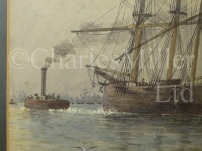 Lot 18 - ATTRIBUTED TO GEORGE STANFIELD WALTERS (BRITISH, 1838-1924) : A square rigger being tugged up the Thames
