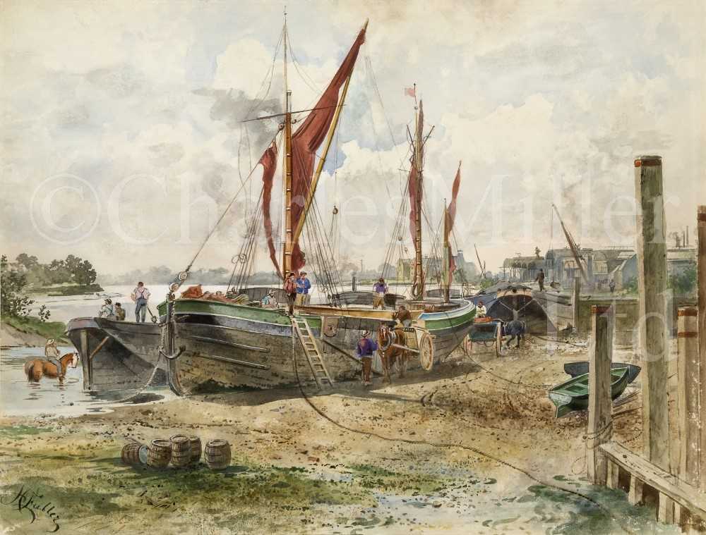 Lot 7 - H. FULLER (ENGLISH, EARLY 20TH CENTURY) : Beached sailing barges at low tide on the upper Thames