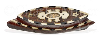 Lot 191 - Ø AN INLAID WOODEN SNUFF BOX IN THE FORM OF A SHIP, CIRCA 1870