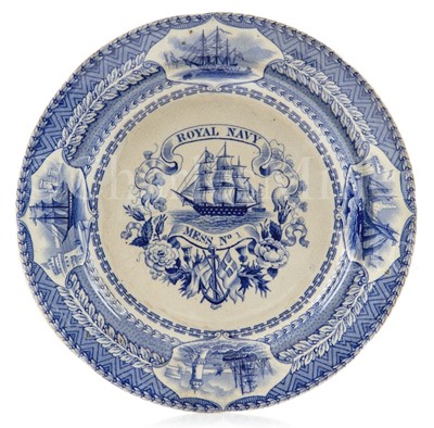 Lot 204 - A RARE BLUE AND WHITE NAVAL MESS PLATE, CIRCA 1840