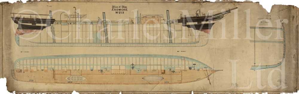Lot 24 - ‘DECK PLAN OF SHIP No. 253': A ¼IN:1FT SCALE PROFILE WATERCOLOUR LINE DRAWING FOR THE ARDMORE, BY BARCLAY, CURLE & CO., 1875