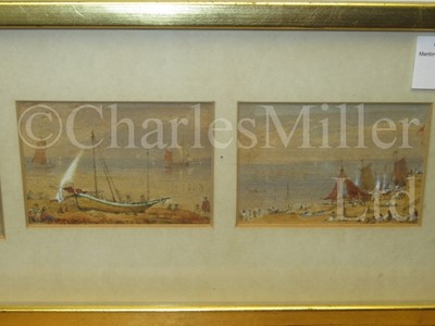 Lot 65 - ATTRIBUTED TO WILLIAM LIONEL WYLLIE (BRITISH, 1851-1931) : A set of four: two seascapes with shipping; harbour scene at sunset and beach fishing boats